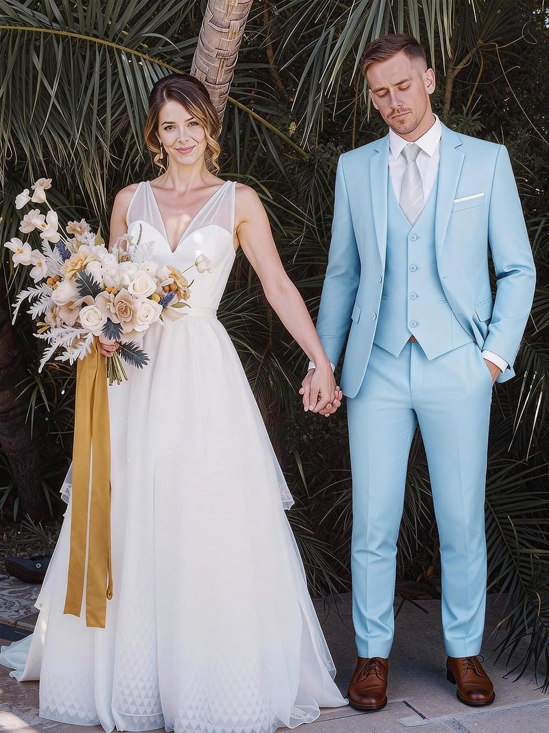 WEEN CHARM بدلات WEEN CHARM للرجال، مجموعة بدلة ضيقة مكونة من 3 قطع مع سترة ذات زرين، صدرية، بنطلون، توكسيدو لحفلات الزفاف، حفلات التخرج، الحفلات، الأعمال باللون الأزرق الفاتح - Image 2